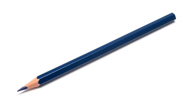A sharp blue pencil lies diagonally on a white background