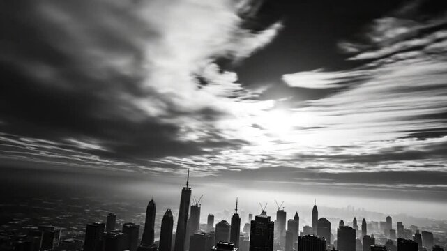 Dramatic aerial view of New York City skyline with flowing clouds and sun in black and white