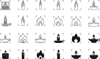 Candle and oil lamp vector icon set featuring burning flames wax candles lanterns and diya symbols for light spiritual peace and celebration line art © MdOazad