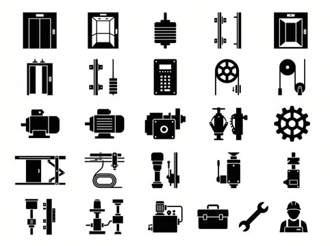 Elevator and lift mechanical components icon set with elevator, mechanical