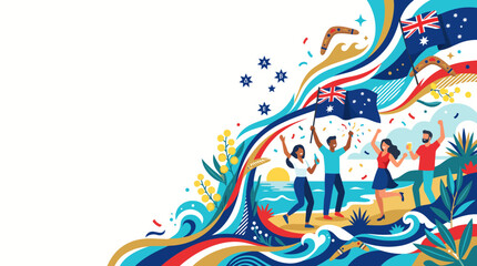 Obraz premium Joyful People Celebrating Australia Day with National Flags and Festive Decorations in a Vibrant Coastal Landscape Illustration