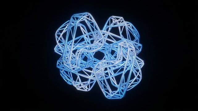 タンパク質フォールディングの抽象的表現。一次元鎖から複雑な立体構造へ変化する光のループ映像