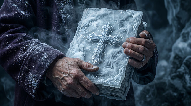 Elderly hands holding an ancient frozen book with a silver cross