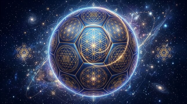 Mystical fantasy digital artwork illustrating a crystal galaxy stardust solar sphere pattern inside a translucent floating football object