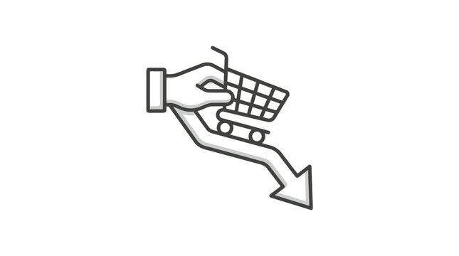 Hand pushing shopping cart down a declining arrow symbol.