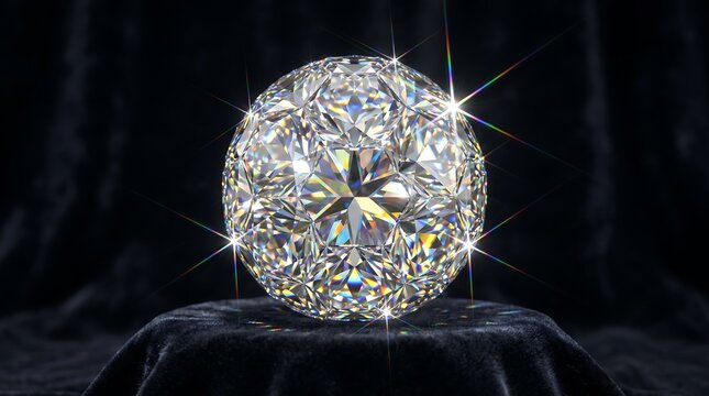Photorealistic 3D luxury render sculpting a solid diamond gemstone luxury faceted crystal brilliant soccer ball piece over dark surfaces