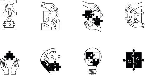 Business creativity line icon set featuring light bulbs puzzle pieces human hands connecting parts team collaboration innovative ideas and problem solving symbols © MdOazad
