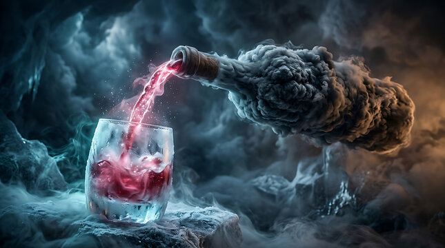 Mystical red liquid pouring from a smoky bottle into a glass