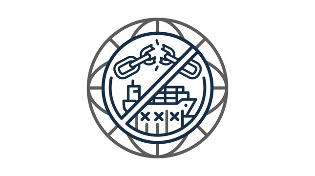 Cargo ship with prohibition sign and broken chain icon.