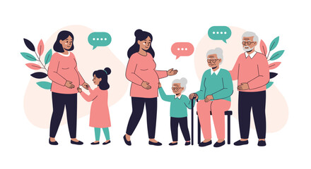 Fototapeta premium Conceptual illustration of family life stages showing motherhood, young children, and aging grandparents in soft colors.