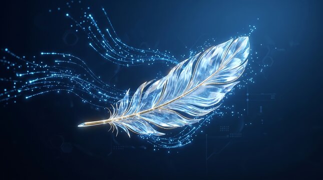 Feather glowing with crystalline energy floats gracefully through a dark blue space, symbolizing lightness and digital elegance in a high-tech environment that offers plenty of open copy space.