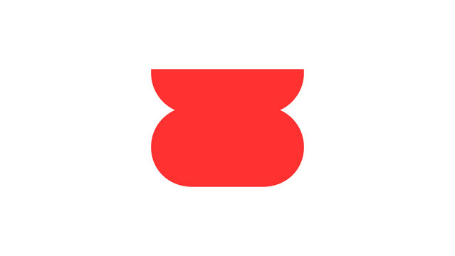 A vibrant red abstract geometric shape resembling a stylized pot or vase silhouette with a flat upper edge