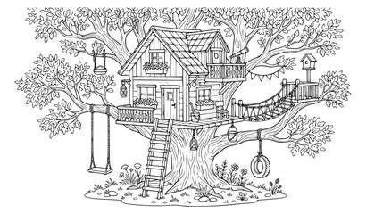Obraz premium Tree House Line Art Coloring Page Fun Nature Adventure Vector Illustration