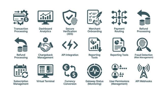 Vector icon collection for secure payment processing dashboard management and financial reporting.