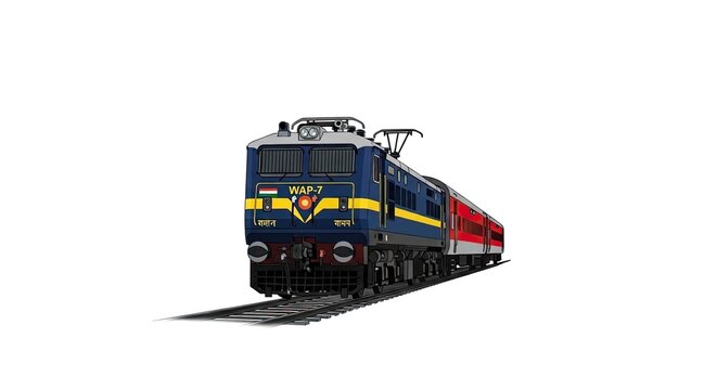 Blue and red Indian electric locomotive train engine side view