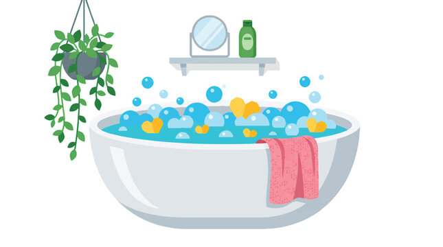 Relaxing Bathtub Scene with Bubbles and Heart Ducks for Self Care