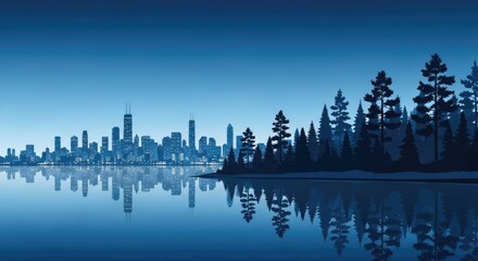 Fototapeta premium Blue city skyline reflecting in water near pine forest.
