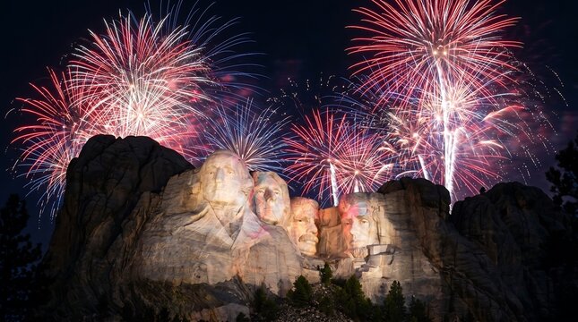 Red white and blue fireworks bursting behind illuminated Mount Rushmore National Memorial monument at night
