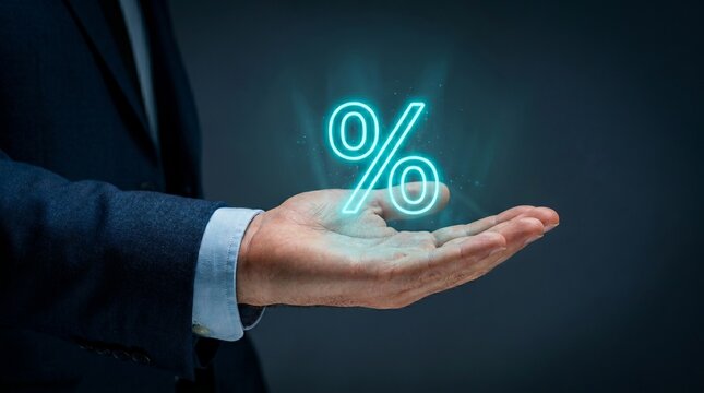 Glowing Percentage Symbol in Hand: A man's outstretched hand, adorned with a suit, offers a luminous percentage symbol, symbolizing financial gain, discounts, or growth in a modern, abstract concept.