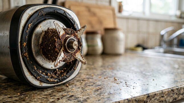 Dirty blender blade base covered in dry food residue on a kitchen counter. Explores themes of poor hygiene food safety neglected house cleaning and kitchen maintenance.