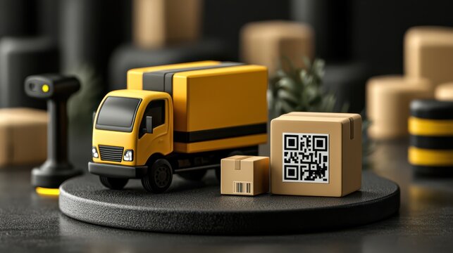A miniature yellow delivery truck and cardboard boxes with a QR code are displayed on a black circular platform, surrounded by a barcode scanner and blurred background items.