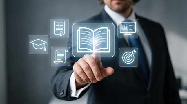 E learning technology concept man interacting with digital education icons and open book interface