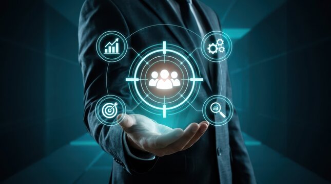 Targeted marketing concept hand holding digital icons representing audience analysis and strategic growth