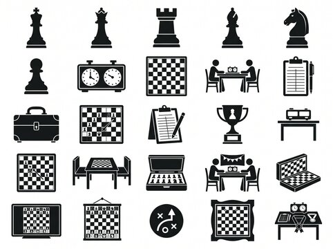 Set of chess game icons featuring pieces board clocks and tournament elements