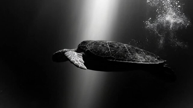 Black and white underwater cinematic view of a majestic sea turtle swimming towards sunlit surface