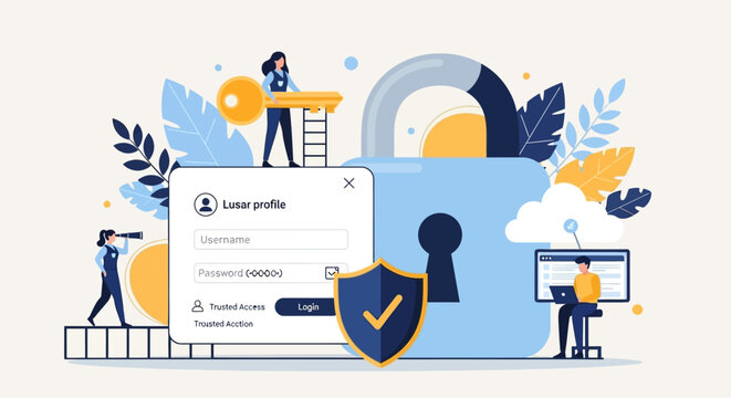 People using technology to secure online login with shield and lock on computer screen