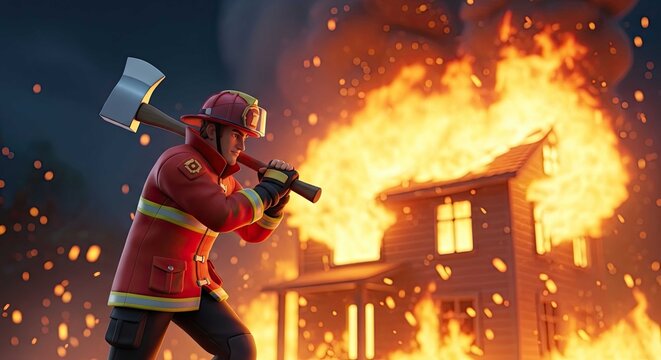 Brave firefighter holding axe amidst sparks and burning house.