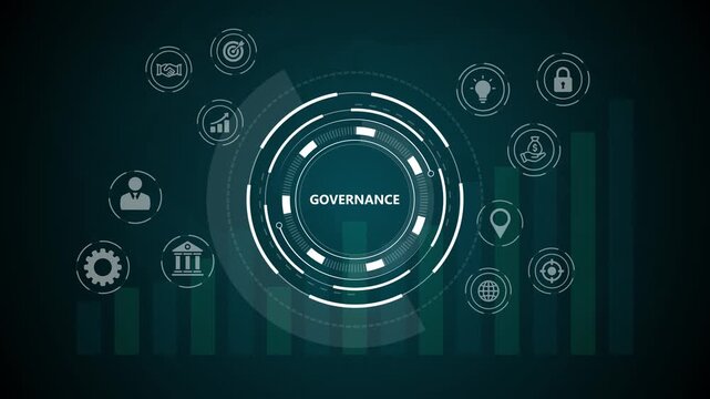 Corporate governance infographic framework displaying legal compliance, organizational ethics, risk management and balance scales..4k quality animation video