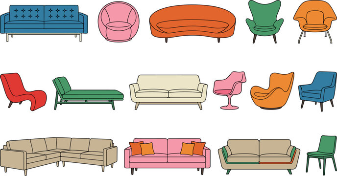Modern furniture icon set with colorful sofas comfortable armchairs sectional couch and retro mid century chairs flat vector illustration.