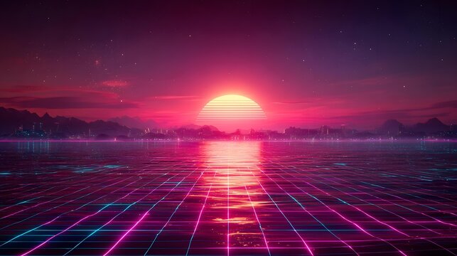 with glowing grids and horizon light, retro futuristic vibe, synthwave colors