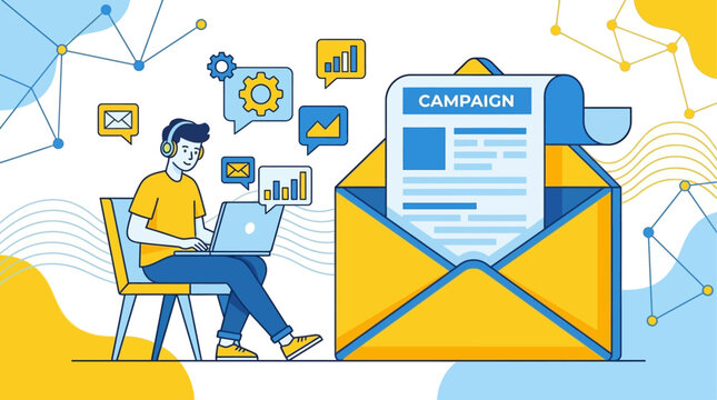 Man sitting on chair uses laptop beside large envelope with campaign document inside office
