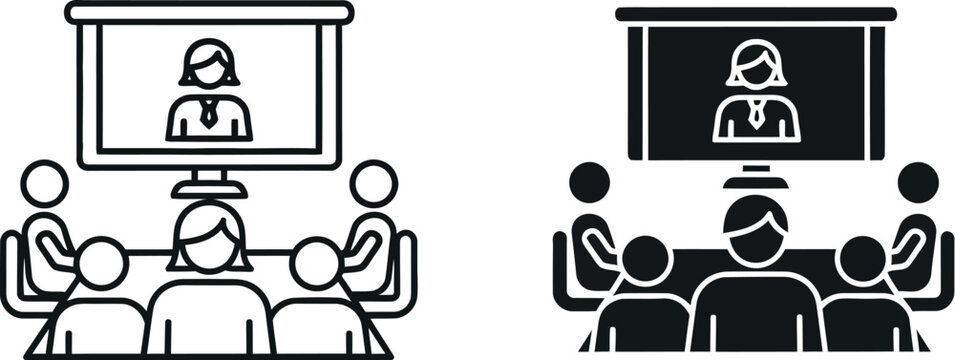 Meeting room icons showing a group of professionals watching a remote presentation displayed on a large screen in a modern office.