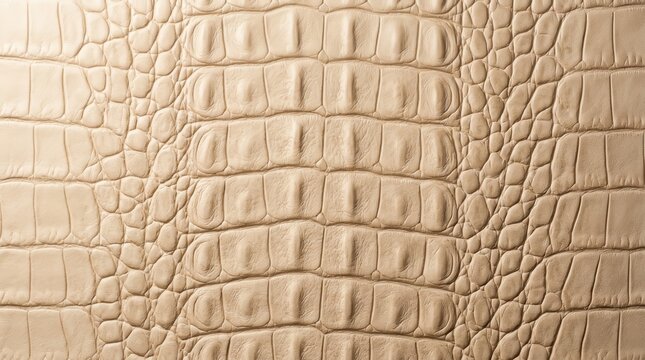 Close-up of genuine leather texture with embossed crocodile pattern in light color.