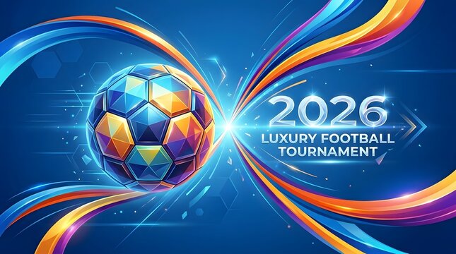 2026 Luxury Football Tournament Banner with Abstract Soccer Ball and Dynamic Light Trails on Blue Background
