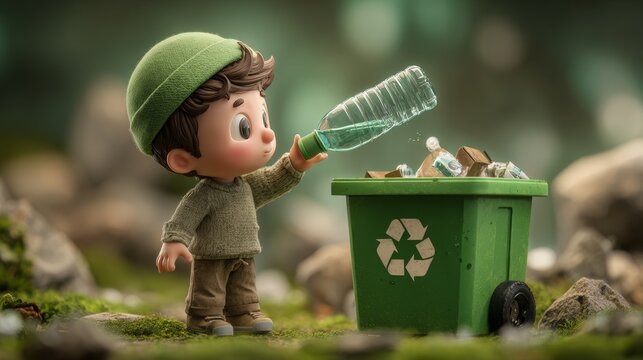 Boy holding a bottle near a recycling bin in a forest setting during daytime