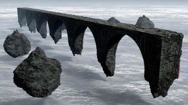 connected by bridges in sky, fantasy world, soft clouds and light rays
