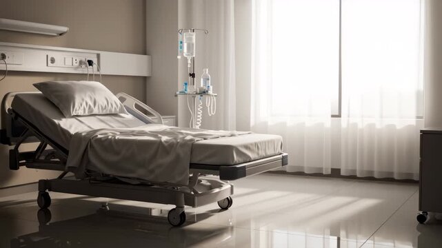 An empty hospital bed with white linens and a pillow awaits a patient