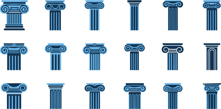 Antique Greek and Roman column vector icon set featuring architectural pillars for law justice banking and ancient history design flat blue style