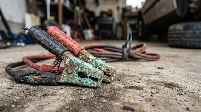 Corroded jumper cables with heavy green rust oxidation on clamps. Rusty battery booster cables lying on concrete floor of car repair garage workshop interior setting.