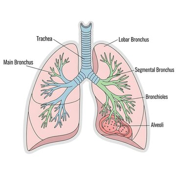 Detailed anatomical diagram of human bronchial tree and lungs.