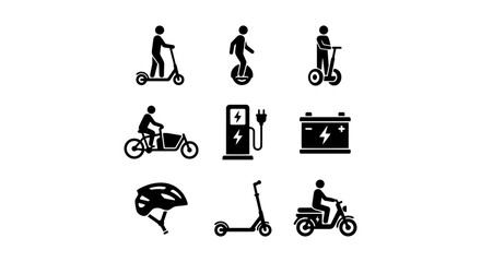 Electric Mobility Icons: Scooter, Bike, Unicycle, Charger, Battery, Helmet, Vector Set © Fariya