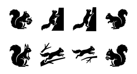 Squirrel Silhouettes Vector Icons, Forest Wildlife Animals, Nature Elements, Cute Rodent Graphics © Fariya