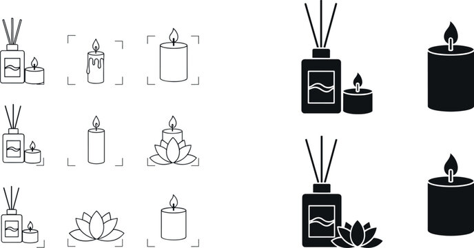 Aromatherapy diffuser and scented candle vector icon set with reed sticks lotus flowers and wax pillar candles for wellness spa and relaxation design