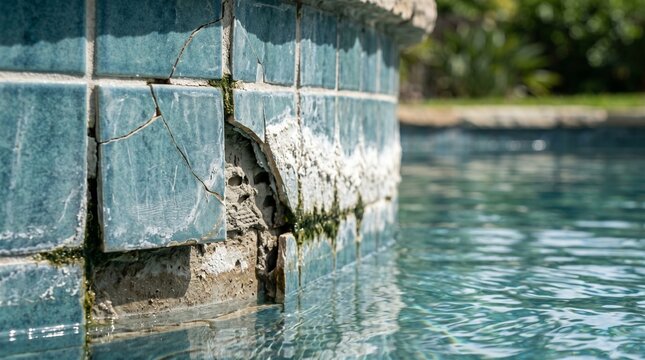 Broken swimming pool tiles requiring repair and maintenance. Featuring cracked blue ceramic elements with calcium buildup, limescale deposits, and water damage in a backyard setting.