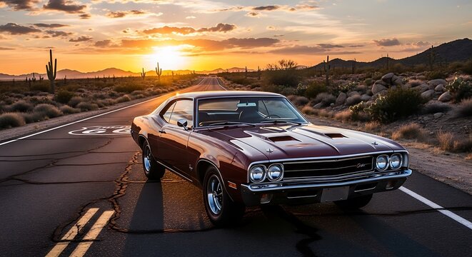 "Classic Vintage Muscle Car on Scenic Desert Road at Golden Sunset in American Southwest"