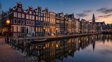 Obraz premium Traditional old Dutch medieval houses along a canal in Amsterdam, Netherlands.